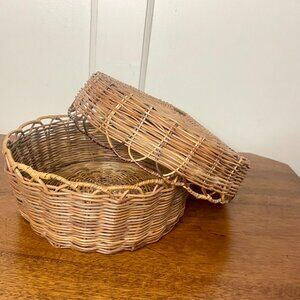 VTG Woven Cane Basket with Lid Handmade Storage or Display Basket